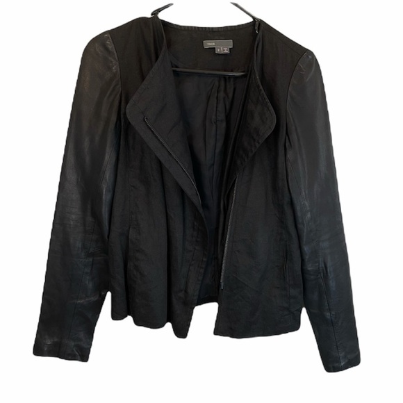 Vince Linen & Lamb Leather Moto Jacket – Black – Size 2 - Picture 3 of 14